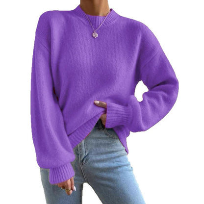 Pure Color Half Collar Leisure Pullover Sweater Women's Long-sleeved Sweater