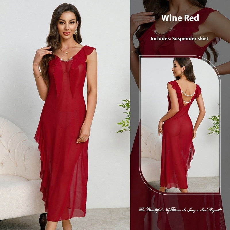 Women's Ruffled Sexy V-neck Backless Pearl Dress