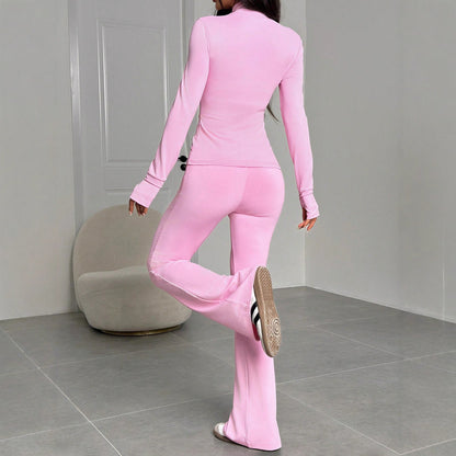 Women's Stand Collar Zipper Solid Color Long-sleeved Top And Trousers Suit