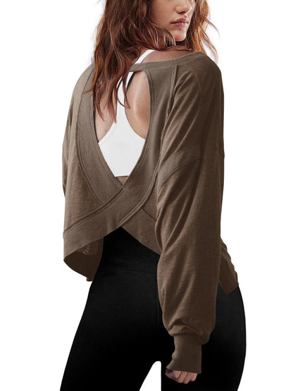 Women's Loose Long-sleeved Backless Top Hollow-out Short Round Neck T-shirt