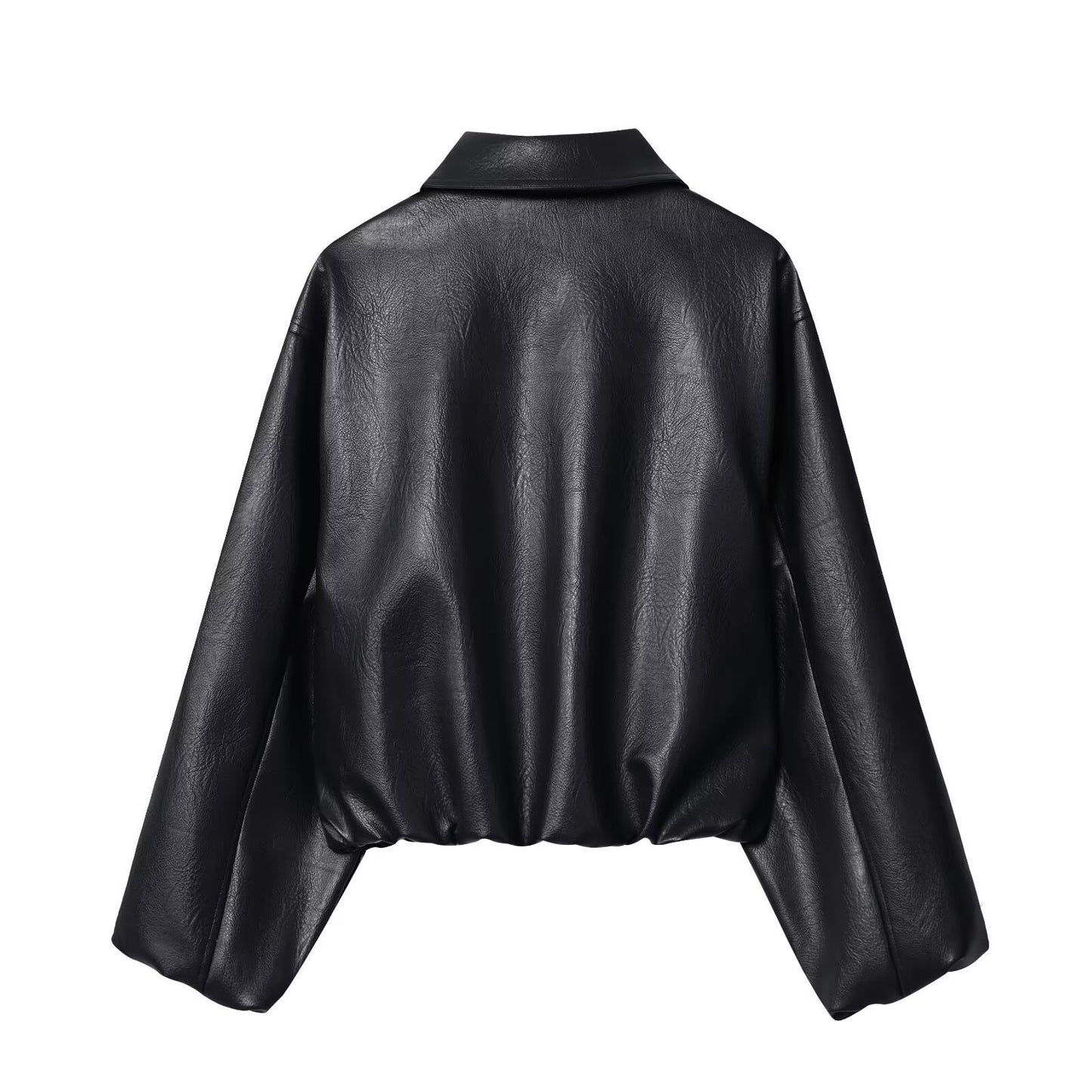 Lapel Long Sleeve PU Zipper Jacket Baseball Uniform Jacket