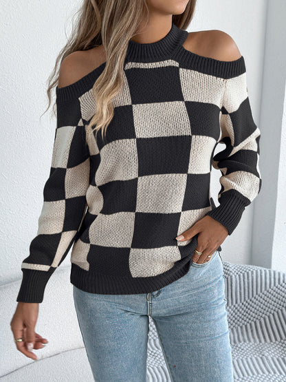 Off-the-shoulder Contrast Color Plaid Lantern Long Sleeve Sweater
