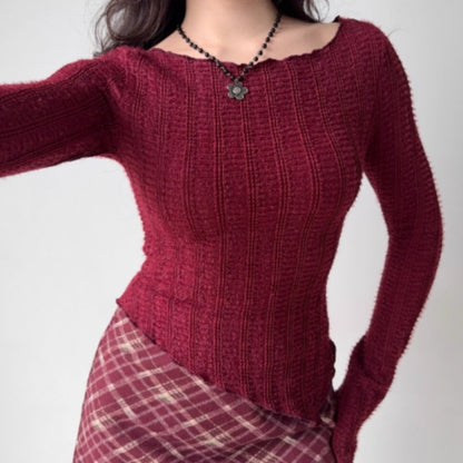 Retro Red Sweater Women's Irregular Hem Slim Fit Bottoming Top