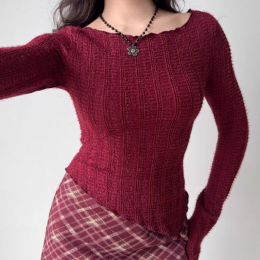 Retro Red Sweater Women's Irregular Hem Slim Fit Bottoming Top