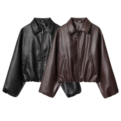 Lapel Long Sleeve PU Zipper Jacket Baseball Uniform Jacket