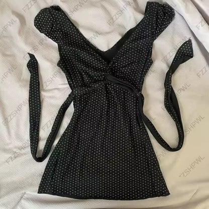 Fashion Color Contrast Polka-dot Cinched Slimming Casual Short-sleeved T-shirt