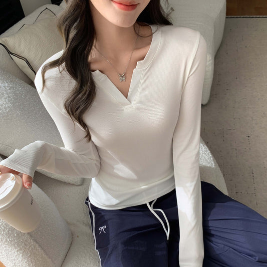 Women's V-neck Bottoming Shirt Early Autumn Winter Thread Fitted