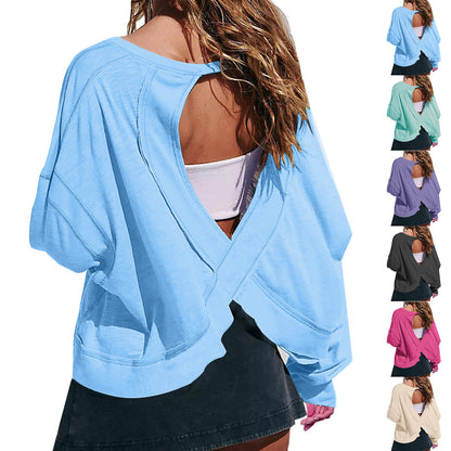 Women's Loose Long-sleeved Backless Top Hollow-out Short Round Neck T-shirt
