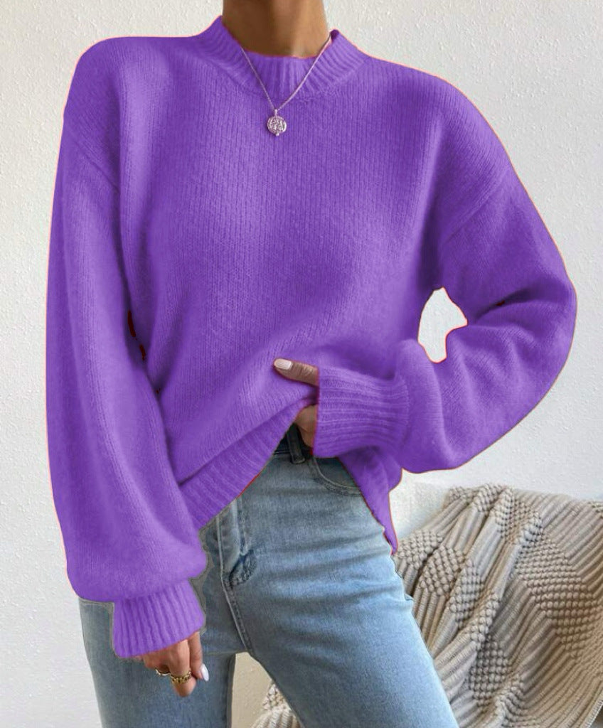 Pure Color Half Collar Leisure Pullover Sweater Women's Long-sleeved Sweater