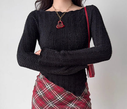 Retro Red Sweater Women's Irregular Hem Slim Fit Bottoming Top