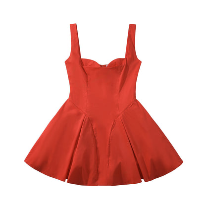 Backless Short Suspender Dress French Square Collar A- Line Mini Skirt