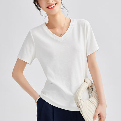 Women's Round Neck Pure Color All-matching Heavy Bamboo Snowflake Cotton T-shirt