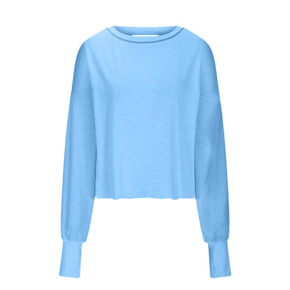 Women's Loose Long-sleeved Backless Top Hollow-out Short Round Neck T-shirt