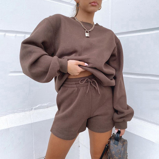Long Sleeve Shorts Sweater Suit Solid Color Fashion Casual