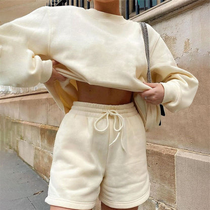 Long Sleeve Shorts Sweater Suit Solid Color Fashion Casual