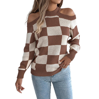 Off-the-shoulder Contrast Color Plaid Lantern Long Sleeve Sweater
