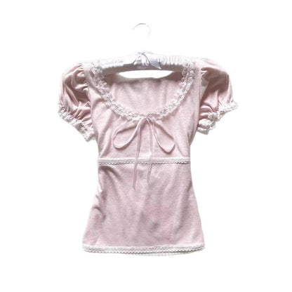 French Retro Lace Stitching Bow Top For Women