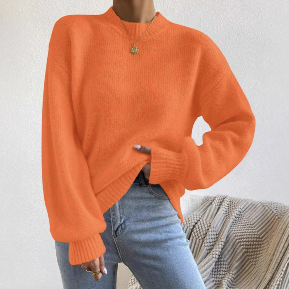 Pure Color Half Collar Leisure Pullover Sweater Women's Long-sleeved Sweater