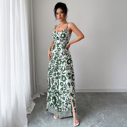 Elegant Graceful Printed Suspender Long Dress Women's Dress