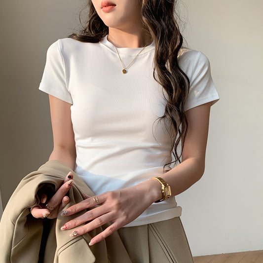 Korean Style Solid Color Shoulder Slim Temperament Casual Short-sleeved Top Women
