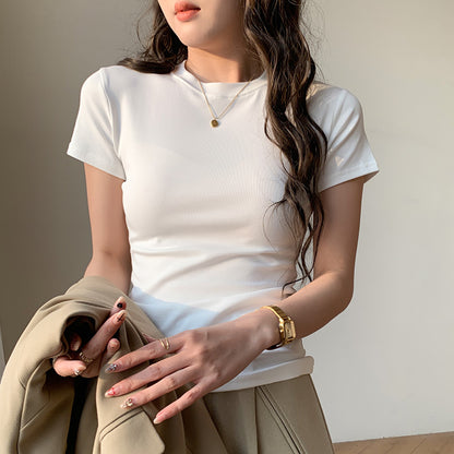Korean Style Solid Color Shoulder Slim Temperament Casual Short-sleeved Top Women