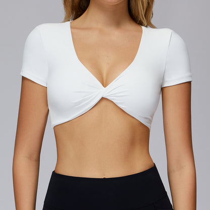 Pleated Yoga Short Sleeve V-neck Hollow Back Tight Top