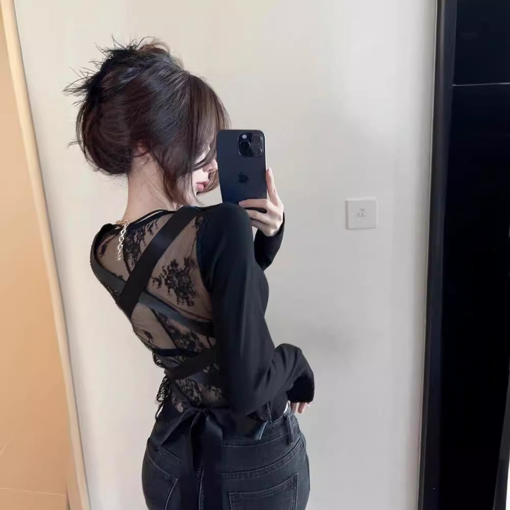 Backless Lace Stitching Cross Tied Long Sleeves Top Slim Bottoming Shirt