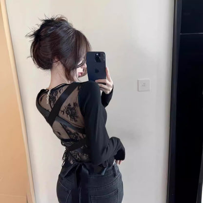 Backless Lace Stitching Cross Tied Long Sleeves Top Slim Bottoming Shirt