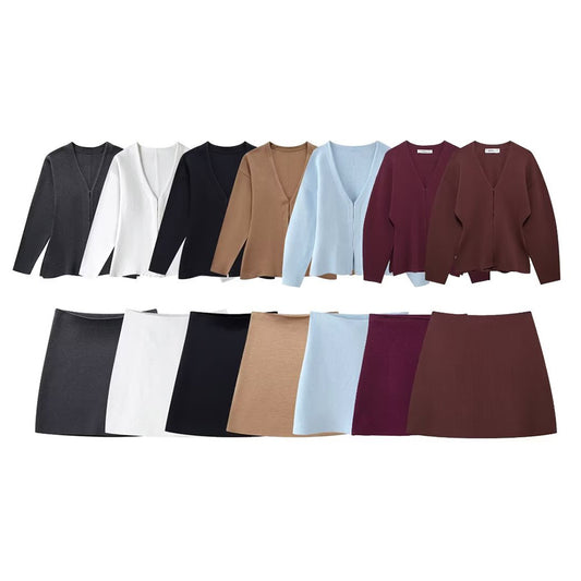 Women's Loose Sleeves Knitted Coat High Waist Knit Mini Skirt Suit