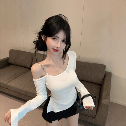 Irregular Diagonal Collar Cold-shoulder Bodycon T-shirt Female Fashion Bottoming Shirt