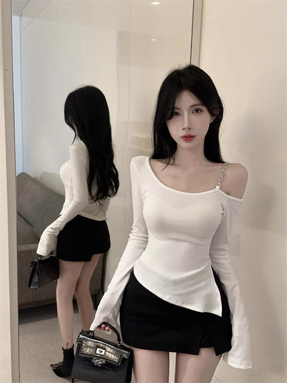 Irregular Diagonal Collar Cold-shoulder Bodycon T-shirt Female Fashion Bottoming Shirt