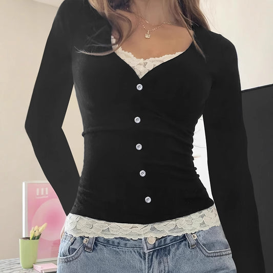 Fake Two-piece Lace Stitching Long-sleeved Women's Clothing