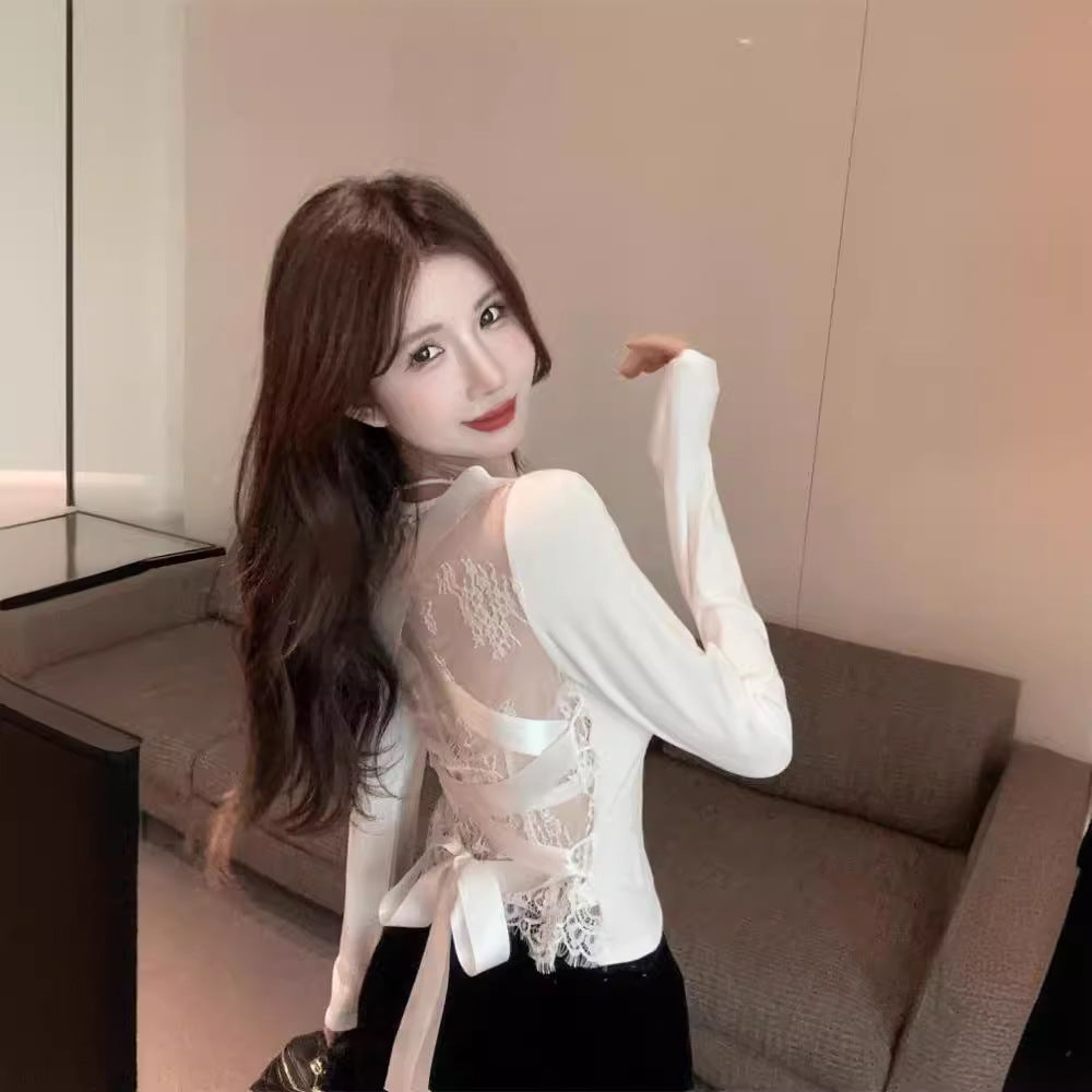 Backless Lace Stitching Cross Tied Long Sleeves Top Slim Bottoming Shirt