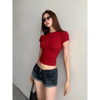 Korean Style Solid Color Shoulder Slim Temperament Casual Short-sleeved Top Women