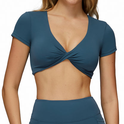 Pleated Yoga Short Sleeve V-neck Hollow Back Tight Top