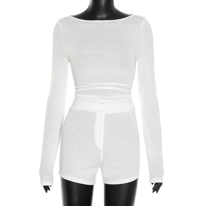 Women's Casual Slim Long Sleeve Top Shorts Suit