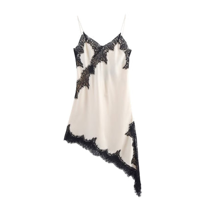 Women's Fashionable Lace Stitching Asymmetric Suspender Dress