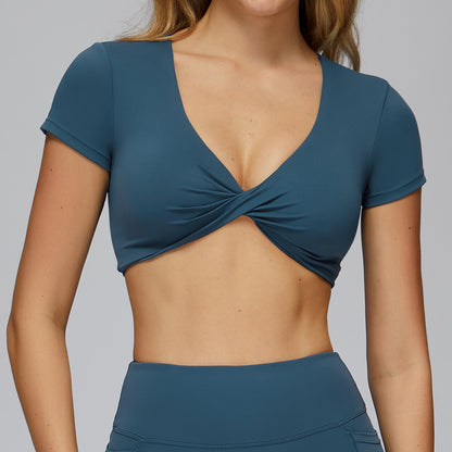 Pleated Yoga Short Sleeve V-neck Hollow Back Tight Top