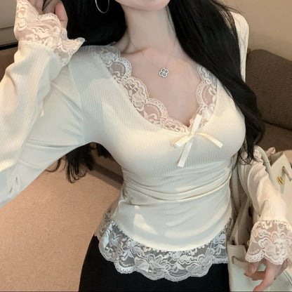 Women's Long-sleeved T-shirt Autumn And Winter New Thread Dralon Slim V-neck Top