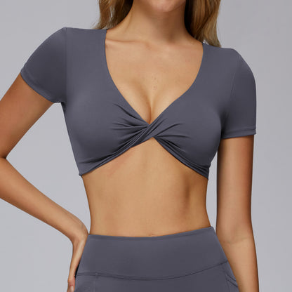 Pleated Yoga Short Sleeve V-neck Hollow Back Tight Top
