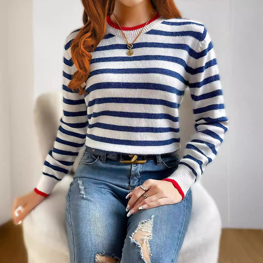 Striped Contrast Color Knitted Pullover Long Sleeve Round Neck