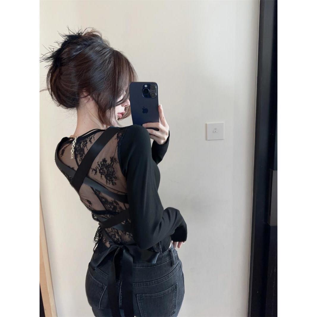 Backless Lace Stitching Cross Tied Long Sleeves Top Slim Bottoming Shirt