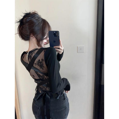 Backless Lace Stitching Cross Tied Long Sleeves Top Slim Bottoming Shirt