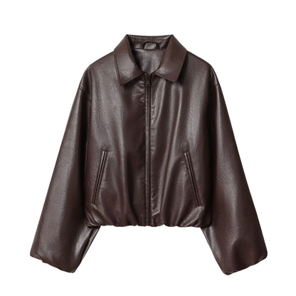 Lapel Long Sleeve PU Zipper Jacket Baseball Uniform Jacket