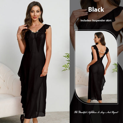 Women's Ruffled Sexy V-neck Backless Pearl Dress