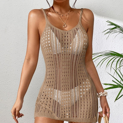 Women's Short Knitted Texture Hollow Out See-through Camisole Sexy Short Dress