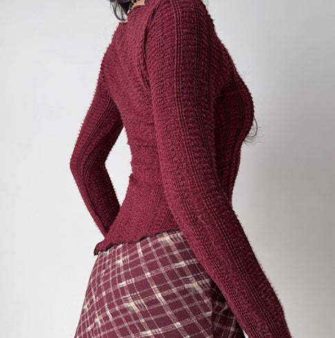 Retro Red Sweater Women's Irregular Hem Slim Fit Bottoming Top