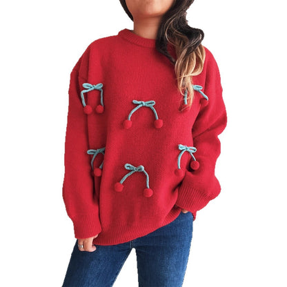 Round Neck Stitching Three-dimensional Cherry Sweater