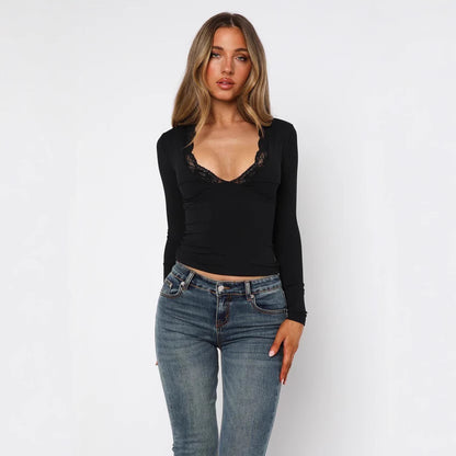Fashion Slim-fit Shoulder Long Sleeve Lace Flower