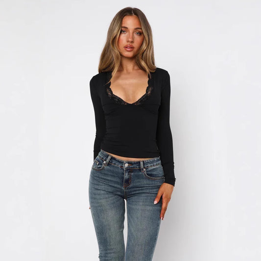 Fashion Slim-fit Shoulder Long Sleeve Lace Flower
